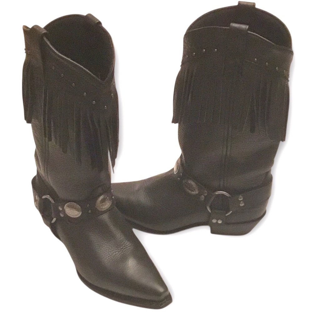 Laredo Black Leather Western Cowboy Boot Fringe Harness Silver Conchos Size-8.5